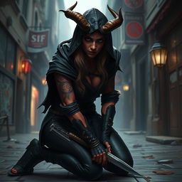 A tiefling female rogue depicted in a full-body pose, kneeling with a sense of readiness and stealth