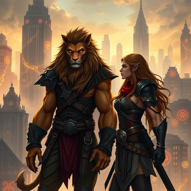 In an urban fantasy city, a male werelion and a female warrior stand side by side, exuding a slowburn romantic tension