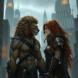 In an urban fantasy city, a male werelion and a female warrior stand side by side, exuding a slowburn romantic tension