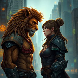 In an urban fantasy city, a male werelion and a female warrior stand side by side, exuding a slowburn romantic tension