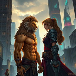 In an urban fantasy city, a male werelion and a female warrior stand side by side, exuding a slowburn romantic tension