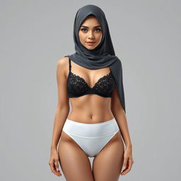 3D image of an adult woman wearing a hijab on her head, paired with a black bra and white thong panties, set against a neutral backdrop