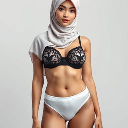 3D image of an adult woman wearing a hijab on her head, paired with a black bra and white thong panties, set against a neutral backdrop