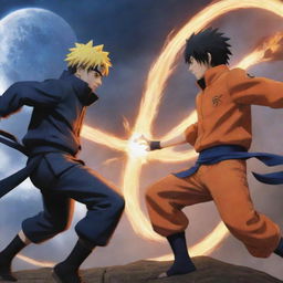 Depict an intense battle scene between Naruto Uzumaki and Sasuke Uchiha from the anime Naruto Shippuden, with the fate of the planet hanging in balance. The background should reflect the high stakes of their encounter.