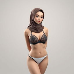 3D image of an adult woman wearing a hijab on her head, paired with a black bra and white thong panties, set against a neutral backdrop