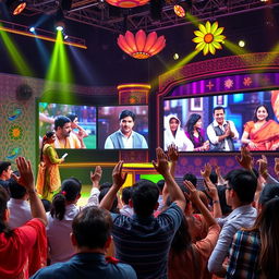 A vibrant and colorful scene depicting a lively Bollywood quiz show