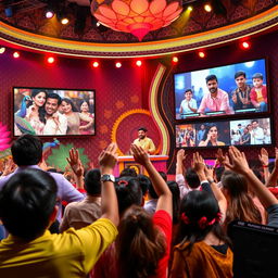 A vibrant and colorful scene depicting a lively Bollywood quiz show