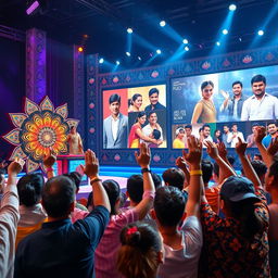 A vibrant and colorful scene depicting a lively Bollywood quiz show