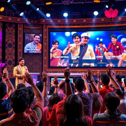 A vibrant and colorful scene depicting a lively Bollywood quiz show