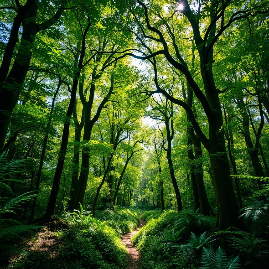 A lush, leafy forest bursting with vibrant greenery and dappled sunlight