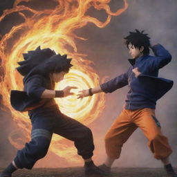 Depict an intense battle scene between Naruto Uzumaki and Sasuke Uchiha from the anime Naruto Shippuden, with the fate of the planet hanging in balance. The background should reflect the high stakes of their encounter.