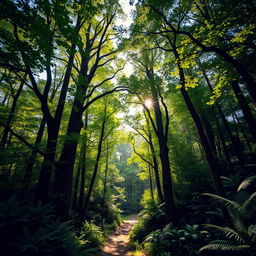 A lush, leafy forest bursting with vibrant greenery and dappled sunlight