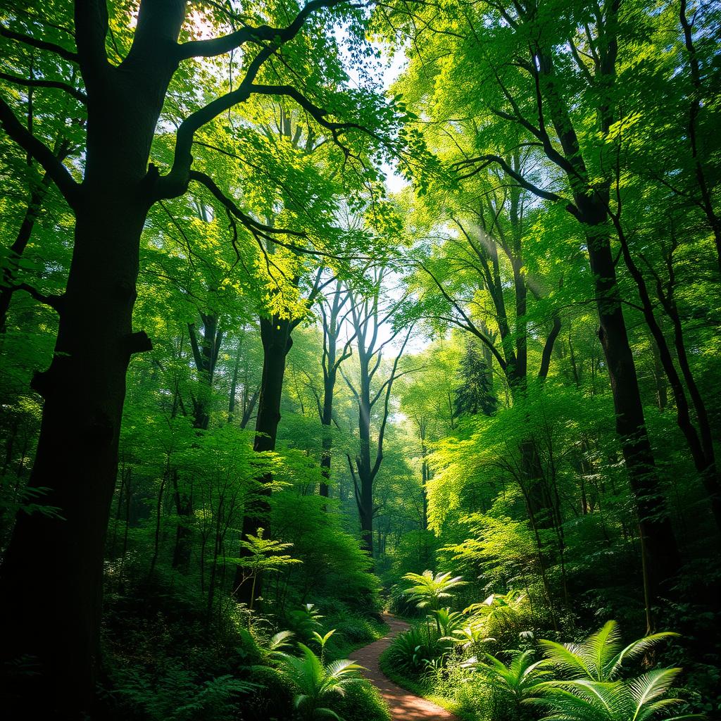 A lush, leafy forest bursting with vibrant greenery and dappled sunlight