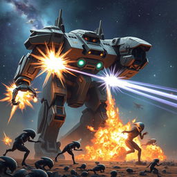 A colossal futuristic mech striding powerfully towards a group of aliens, unleashing devastating energy blasts