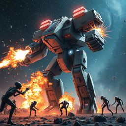 A colossal futuristic mech striding powerfully towards a group of aliens, unleashing devastating energy blasts