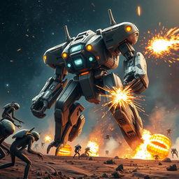 A colossal futuristic mech striding powerfully towards a group of aliens, unleashing devastating energy blasts