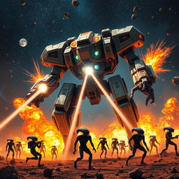 A colossal futuristic mech striding powerfully towards a group of aliens, unleashing devastating energy blasts