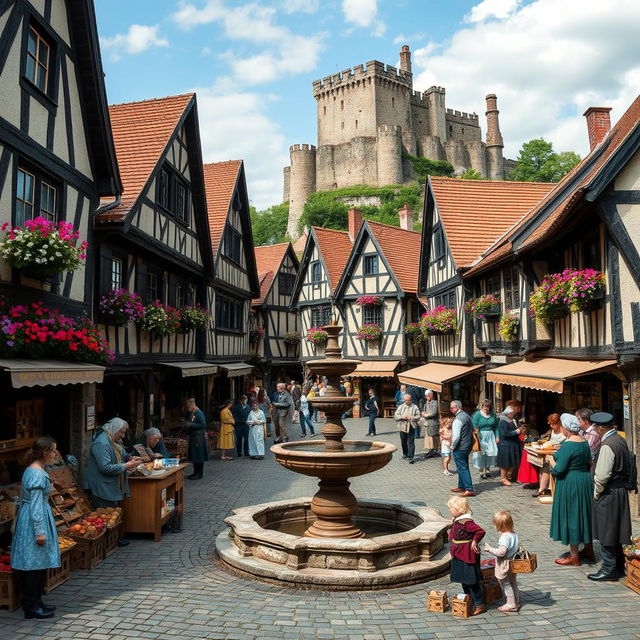 A quaint medieval town bustling with life and activity