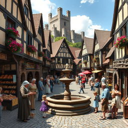 A quaint medieval town bustling with life and activity