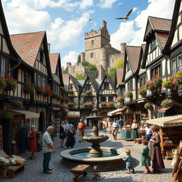 A quaint medieval town bustling with life and activity