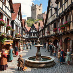 A quaint medieval town bustling with life and activity