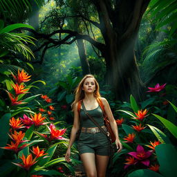 a young woman exploring a lush, vibrant jungle, surrounded by dense foliage, colorful exotic flowers, and towering trees