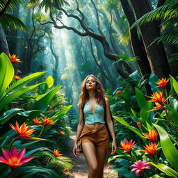 a young woman exploring a lush, vibrant jungle, surrounded by dense foliage, colorful exotic flowers, and towering trees