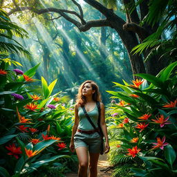 a young woman exploring a lush, vibrant jungle, surrounded by dense foliage, colorful exotic flowers, and towering trees