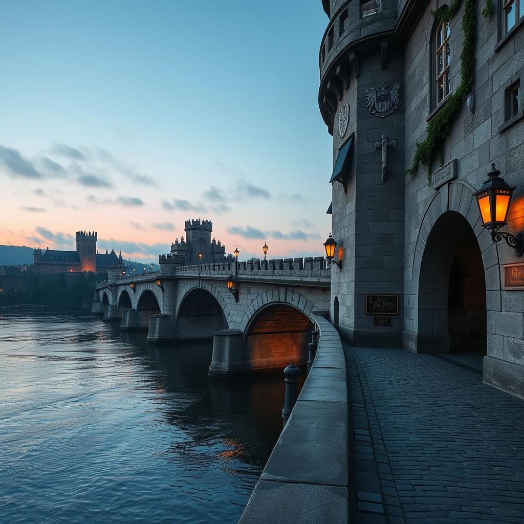 A grand medieval bridge spanning a wide, tranquil river, crafted from sturdy stone and exhibiting remarkable architectural detail