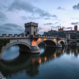 A grand medieval bridge spanning a wide, tranquil river, crafted from sturdy stone and exhibiting remarkable architectural detail