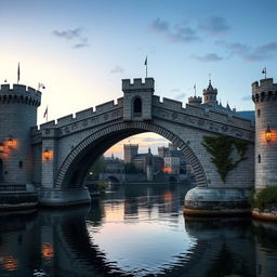 A grand medieval bridge spanning a wide, tranquil river, crafted from sturdy stone and exhibiting remarkable architectural detail