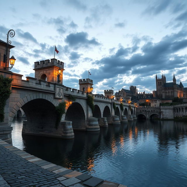 A grand medieval bridge spanning a wide, tranquil river, crafted from sturdy stone and exhibiting remarkable architectural detail