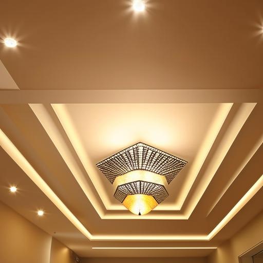 Design a stylish and contemporary false ceiling for a room with dimensions of 11 feet by 14 feet, featuring elegant lighting fixtures and geometric design patterns.