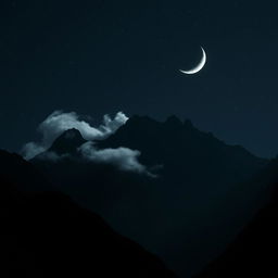 A dramatic and mysterious mountain range under a moonlit sky, the peaks towering into the dark, star-studded night