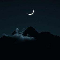 A dramatic and mysterious mountain range under a moonlit sky, the peaks towering into the dark, star-studded night