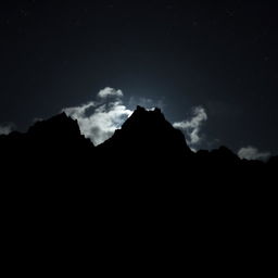 A dramatic and mysterious mountain range under a moonlit sky, the peaks towering into the dark, star-studded night