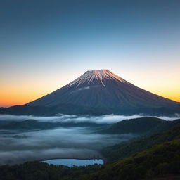 A serene and tranquil scene of a dormant volcano, its majestic peak dusted with a light layer of snow, under a peaceful twilight sky