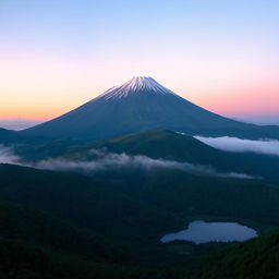 A serene and tranquil scene of a dormant volcano, its majestic peak dusted with a light layer of snow, under a peaceful twilight sky