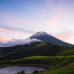 A serene and tranquil scene of a dormant volcano, its majestic peak dusted with a light layer of snow, under a peaceful twilight sky