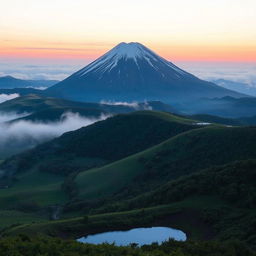 A serene and tranquil scene of a dormant volcano, its majestic peak dusted with a light layer of snow, under a peaceful twilight sky