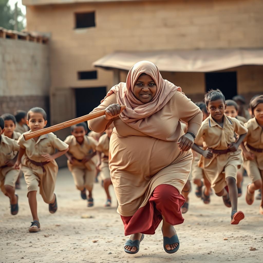 Fat, dark-skinned woman wearing a Hijab, energetically chasing primary school students dressed in beige uniforms