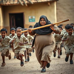 Fat, dark-skinned woman wearing a Hijab, energetically chasing primary school students dressed in beige uniforms