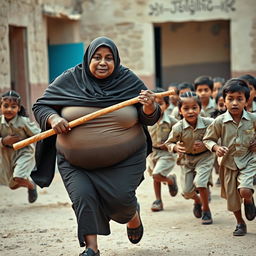 Fat, dark-skinned woman wearing a Hijab, energetically chasing primary school students dressed in beige uniforms