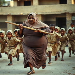 Fat, dark-skinned woman wearing a Hijab, energetically chasing primary school students dressed in beige uniforms