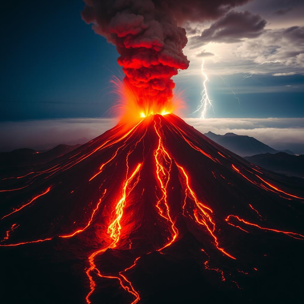 A breathtaking scene of an active volcano erupting with formidable force, its peak spewing fiery lava and ash into the sky