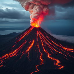 A breathtaking scene of an active volcano erupting with formidable force, its peak spewing fiery lava and ash into the sky