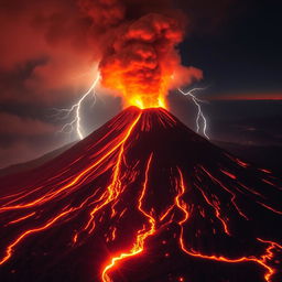 A breathtaking scene of an active volcano erupting with formidable force, its peak spewing fiery lava and ash into the sky