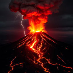 A breathtaking scene of an active volcano erupting with formidable force, its peak spewing fiery lava and ash into the sky