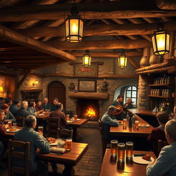 A cozy and welcoming medieval tavern interior, with rustic wooden beams and stone walls illuminated by the warm glow of candlelight and a crackling hearth