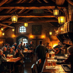 A cozy and welcoming medieval tavern interior, with rustic wooden beams and stone walls illuminated by the warm glow of candlelight and a crackling hearth